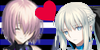 A banner with Morgan's sprite on the left and Mash's sprite on the right. The background is the colors of the leather pride flag. A heart is between them.